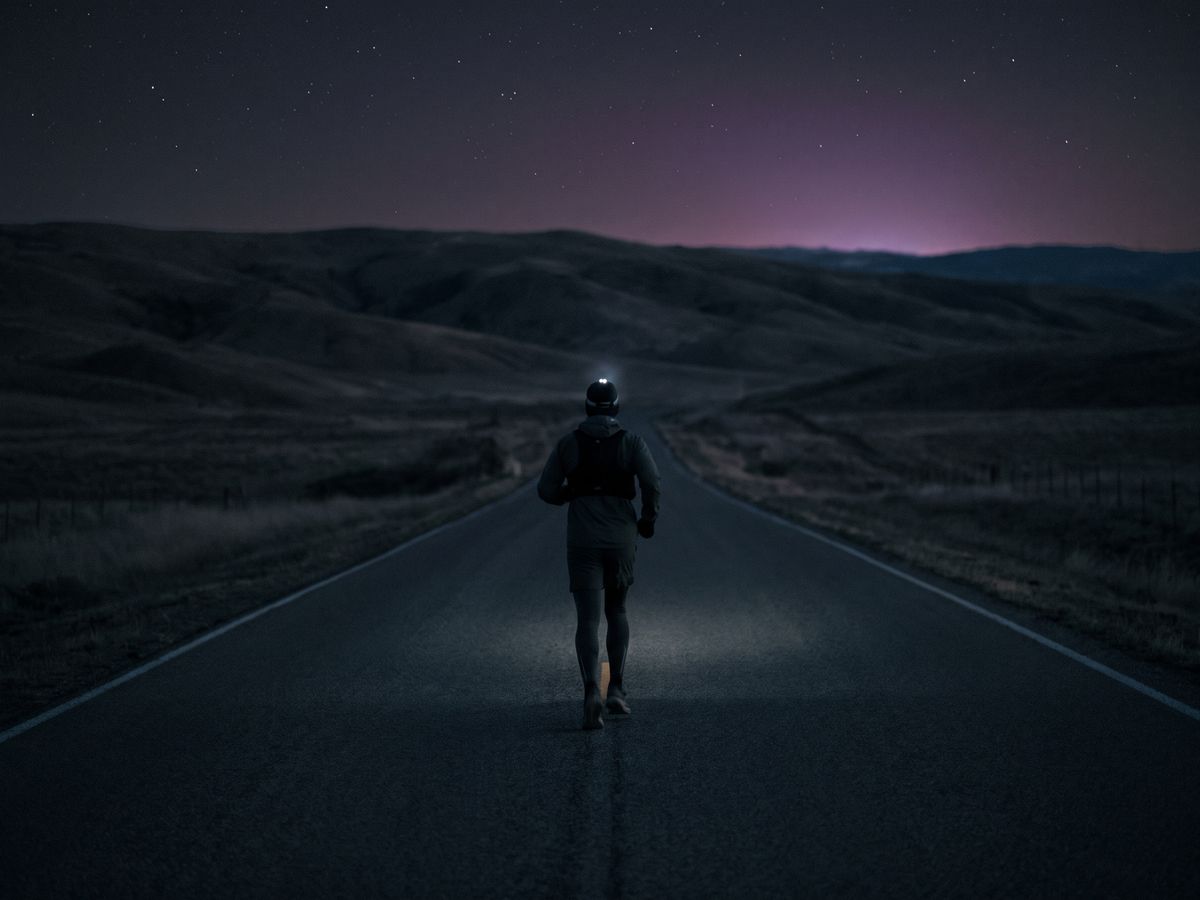 Coureur de fond seul sur une longue route de nuit avec une lampe frontale
