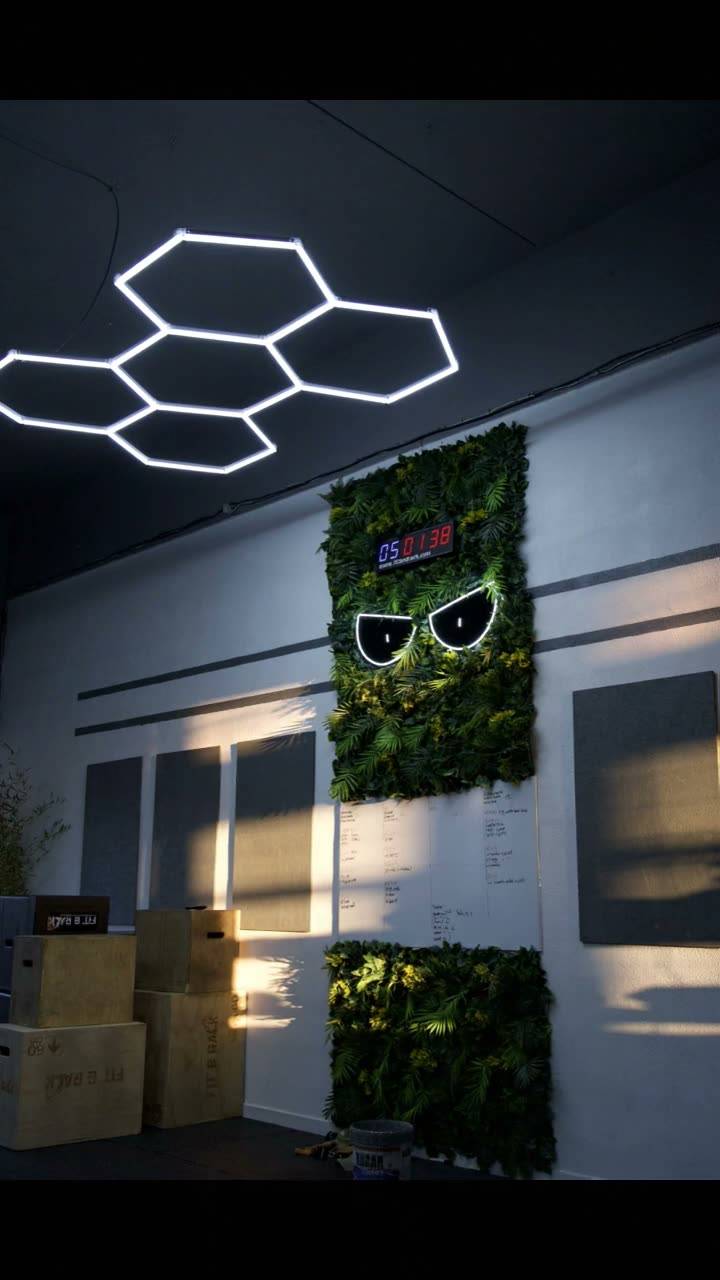 Intérieur de la salle Devil Performance : mur végétal, yeux lumineux et barres de traction